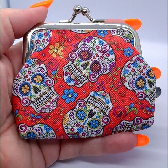 Small Red Sugar Skull Coin Pouch Mini Change Purse Day of the Dead Gothic Grunge - Picture 1 of 6